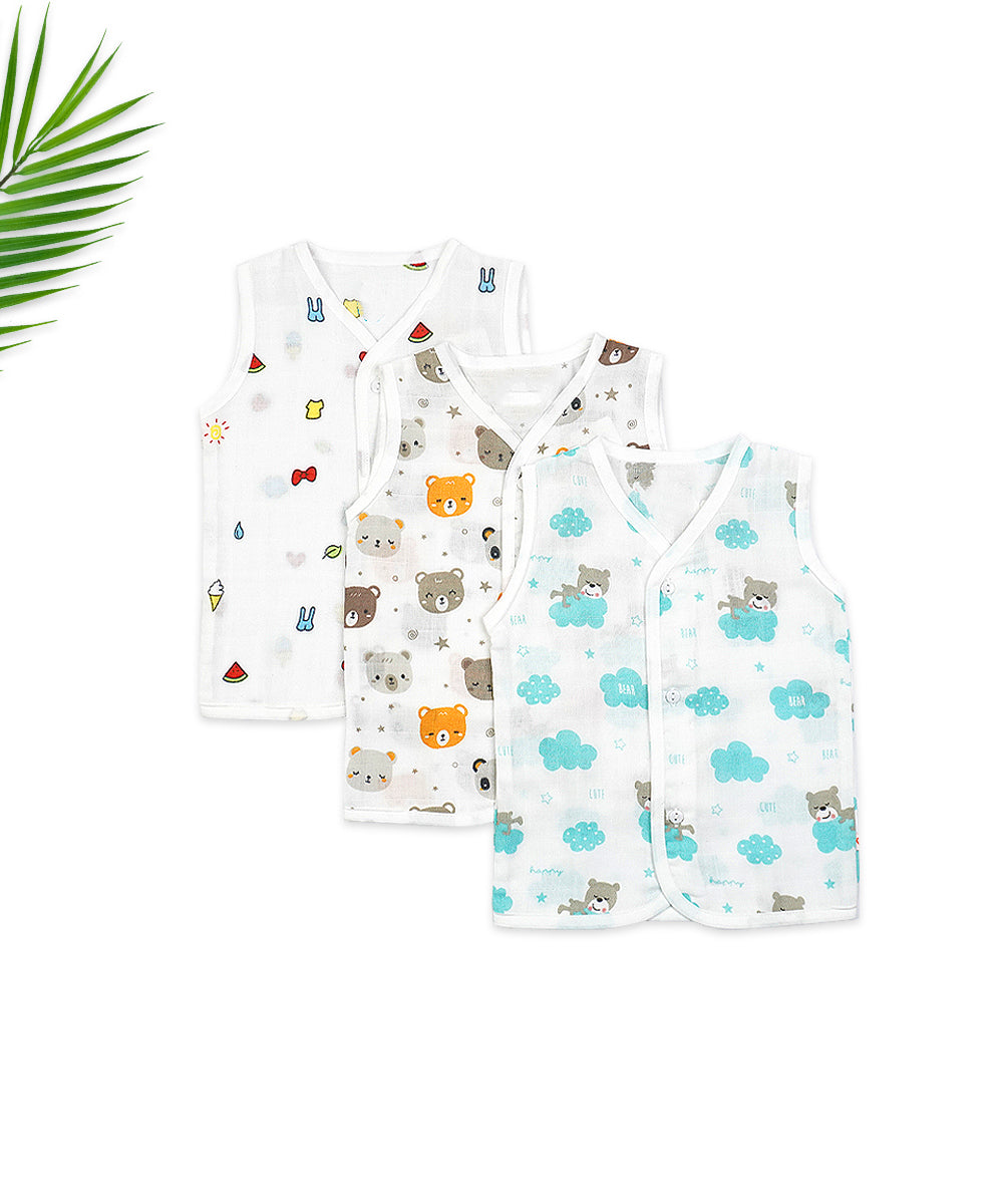Muslin Sleeveless Jabla for Newborns - Pack of 3 (Fun Icons, Teddy Bears, and Cloud Prints)