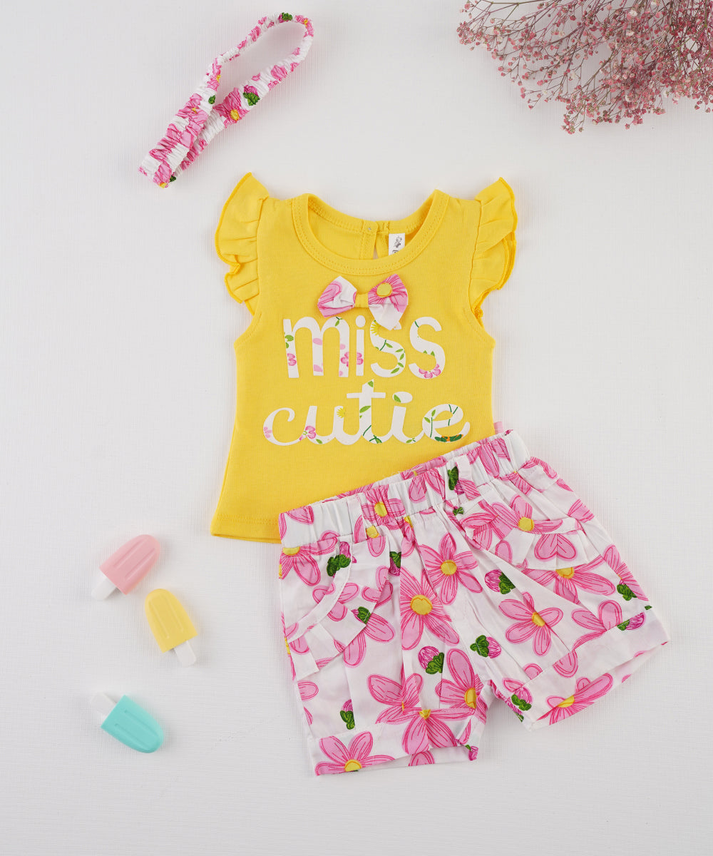 🌸 Yellow "Miss Cutie" Top & Floral Shorts Set 🌸
