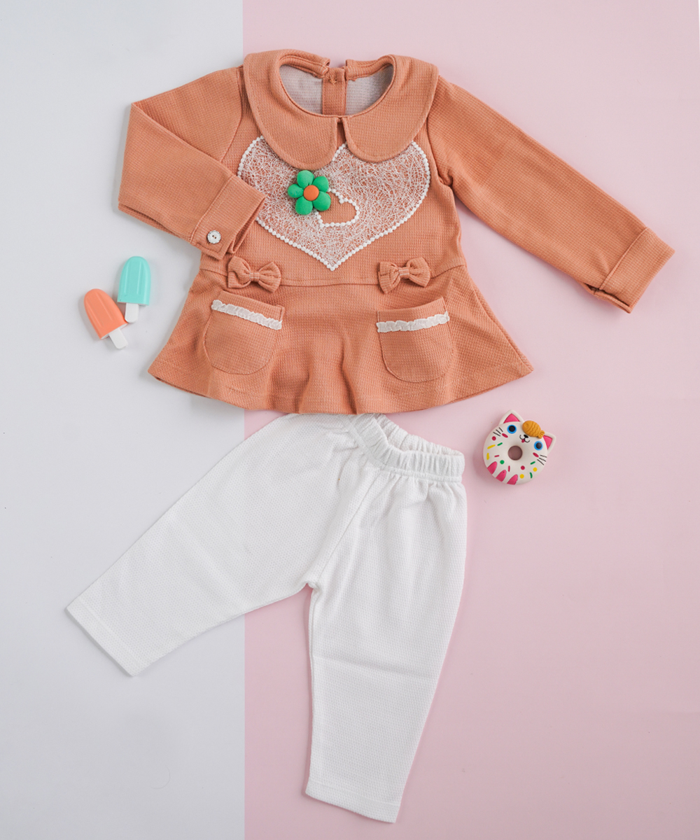 Brown Heart Embroidery Full Sleeve Top &White Pant Set