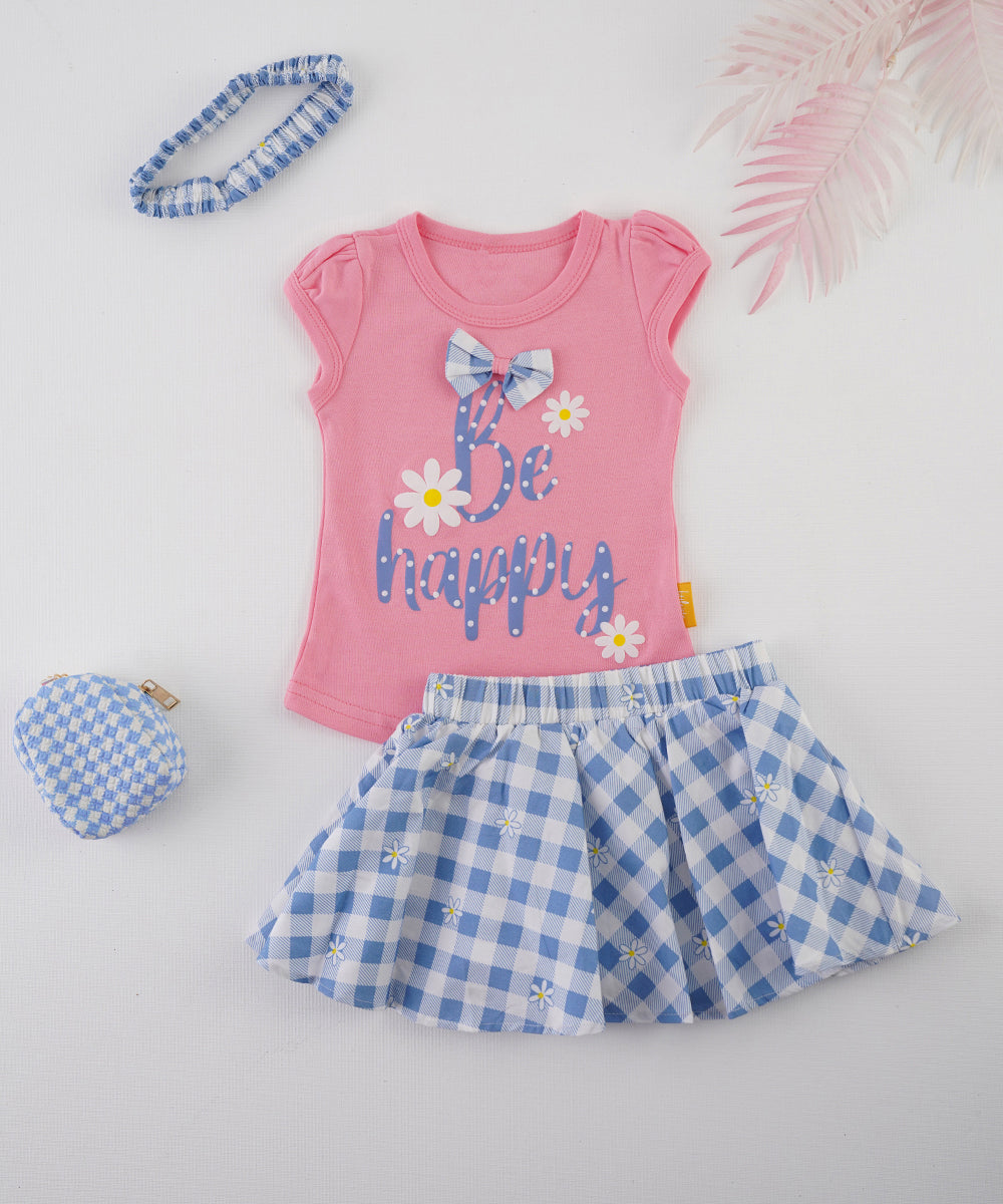 🌸 Be Happy T-Shirt & Checkered Skirt Set - Pink & Blue 🌸