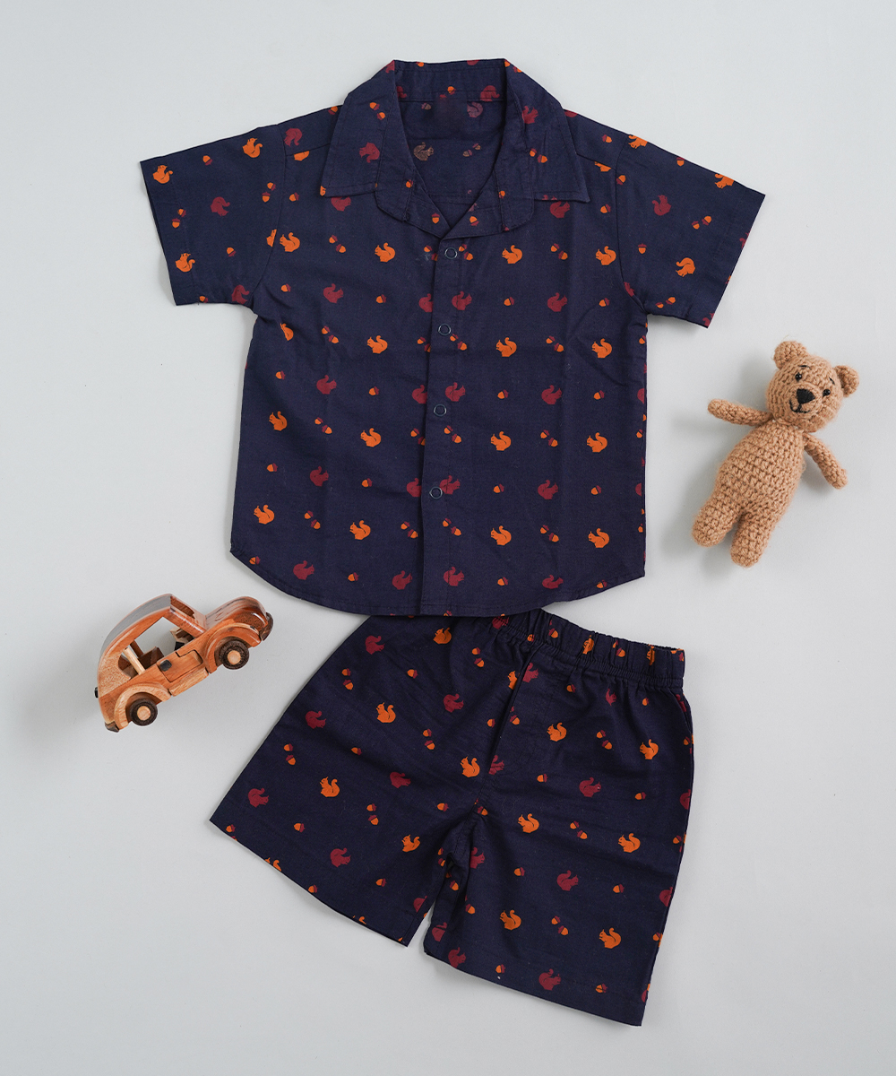 Navy Blue Squirrel Print Co-ord Set for Boys