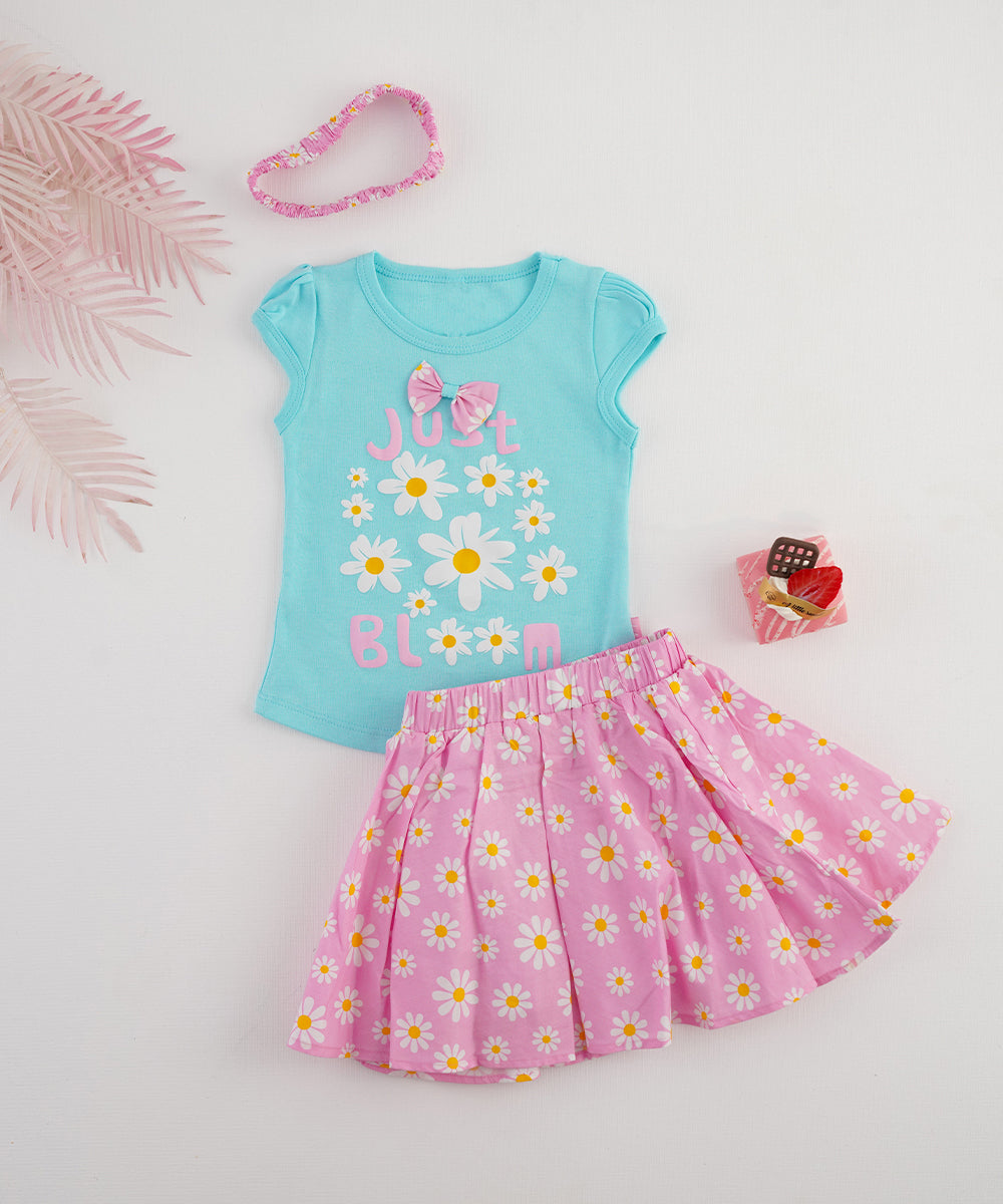 🌼 "Just Bloom" Blue T-Shirt & Pink Floral Skirt Set 🌼
