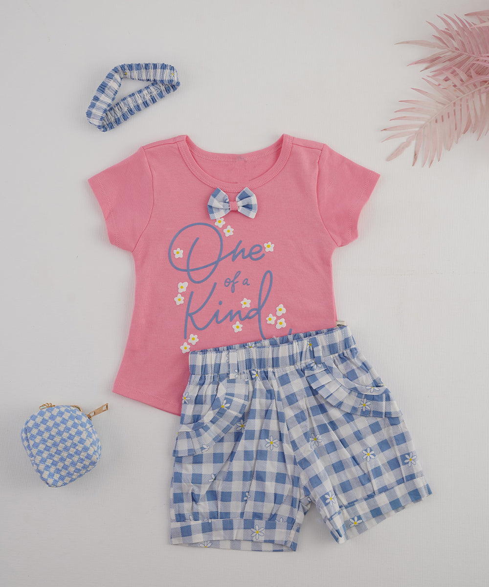 🌸 "One of a Kind" Pink T-Shirt & Checkered Shorts Set 🌸