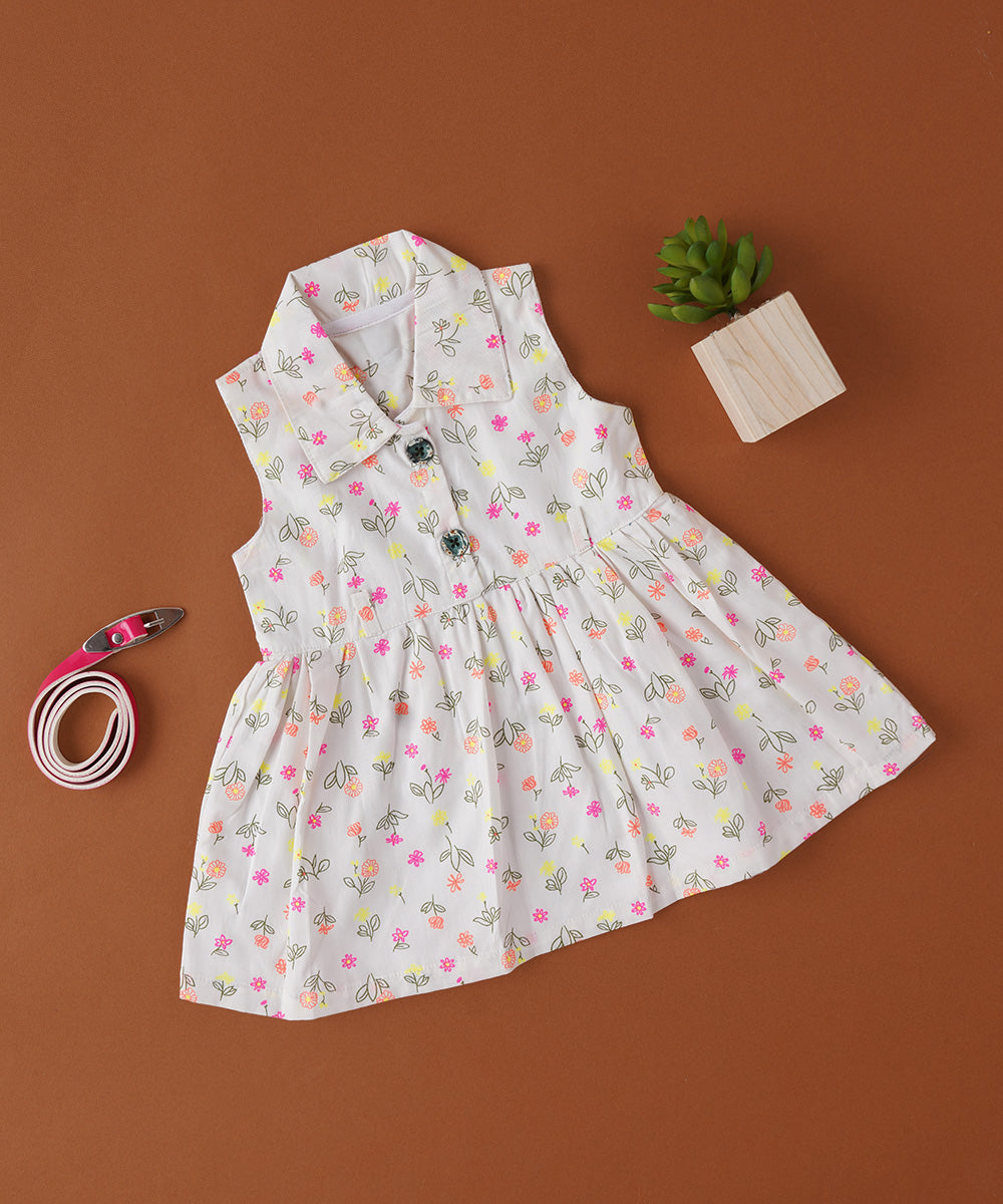White Floral Collared Sleeveless Frock with collar