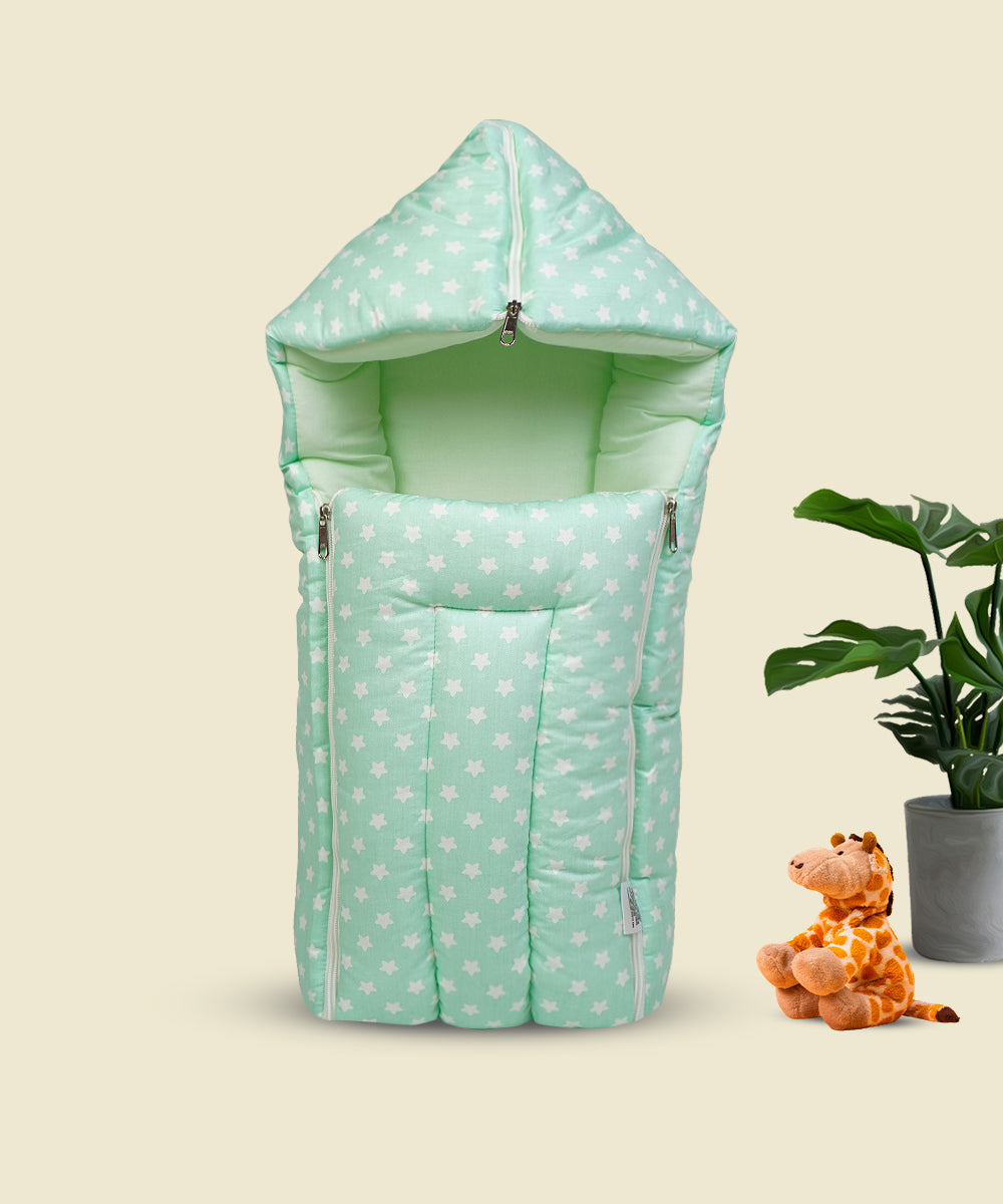 Cozy Cotton Baby Carry Nest with Hood – Mint Green with Star Print