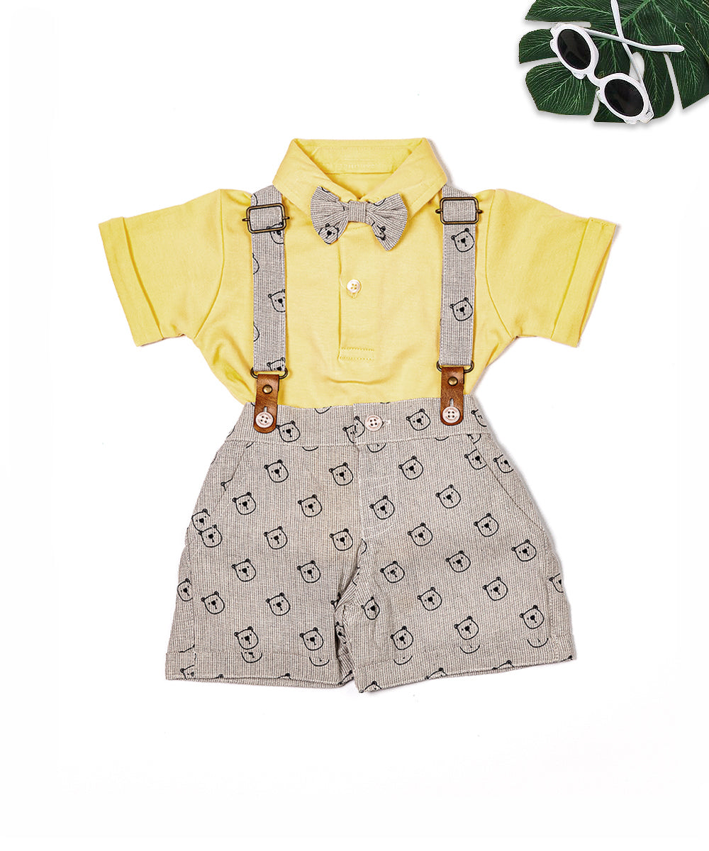 Yellow Polo Shirt and Printed Suspender Shorts Set for Baby Boys