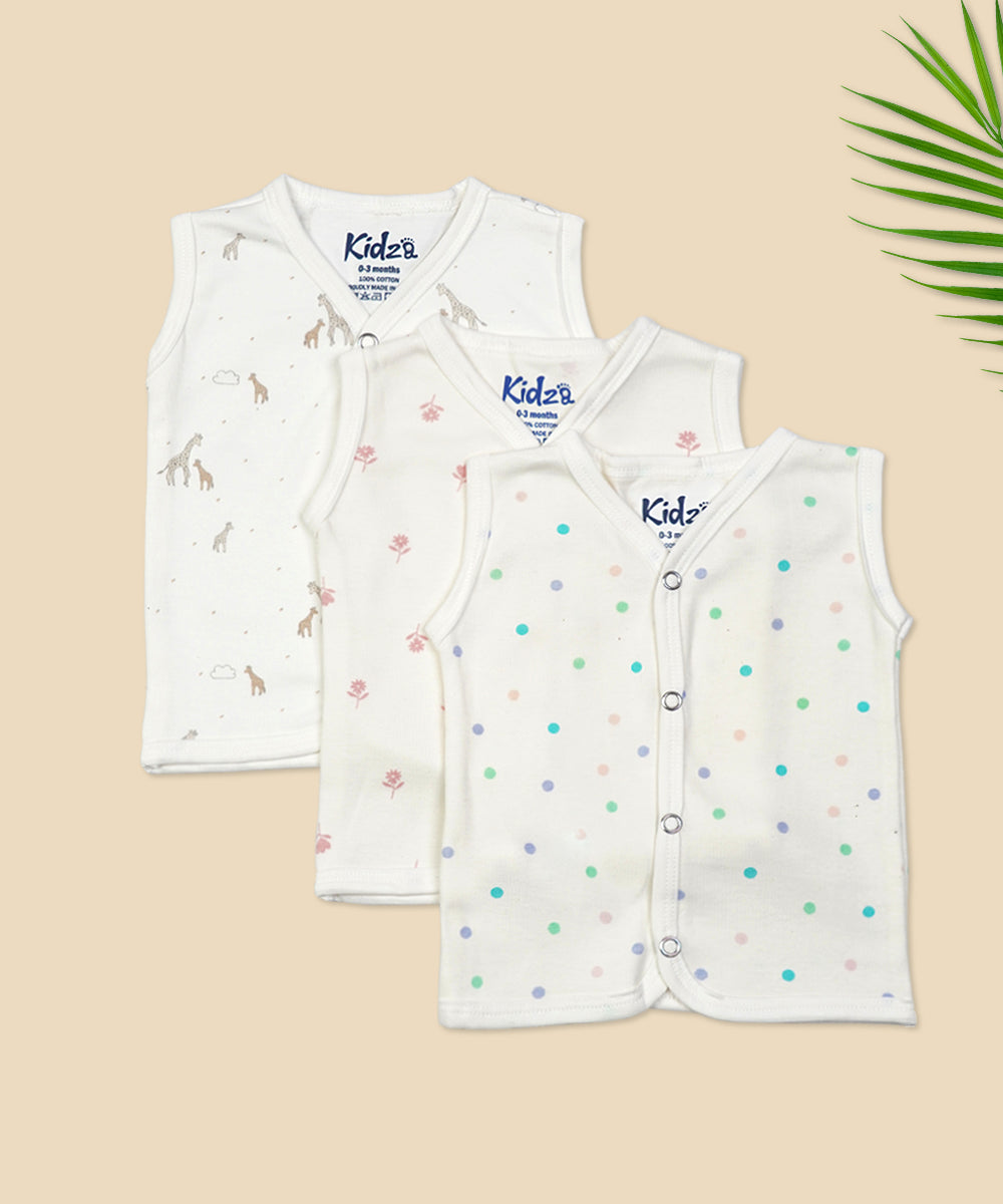 Sleeveless Jabla for Newborns - Pack of 3 (Giraffe, Floral, and Polka Dot Prints)