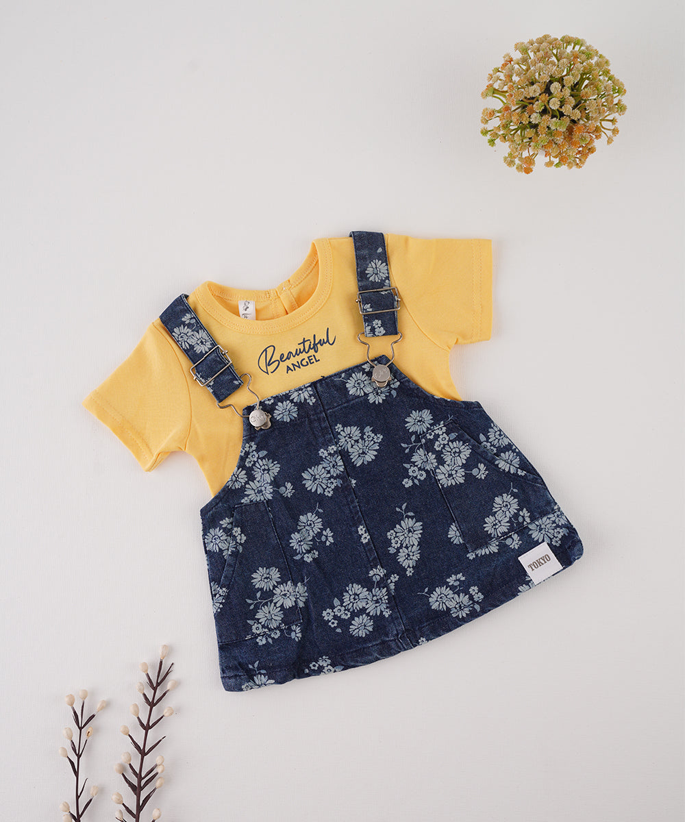 🌼 Yellow T-Shirt & Floral Dungaree Set 🌼
