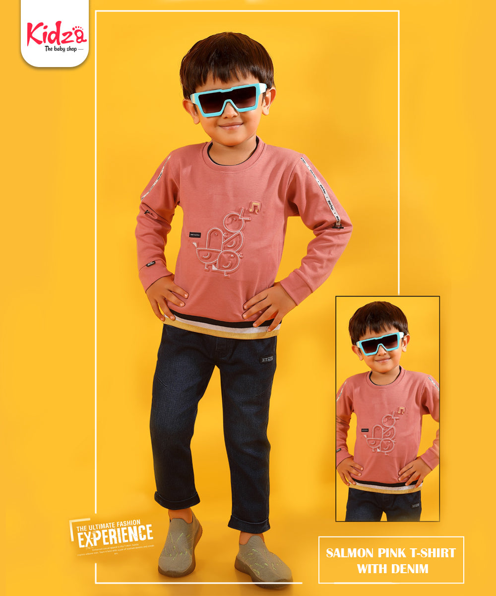 Cool Salmon Pink T-Shirt & Denim Jeans Set for Boys