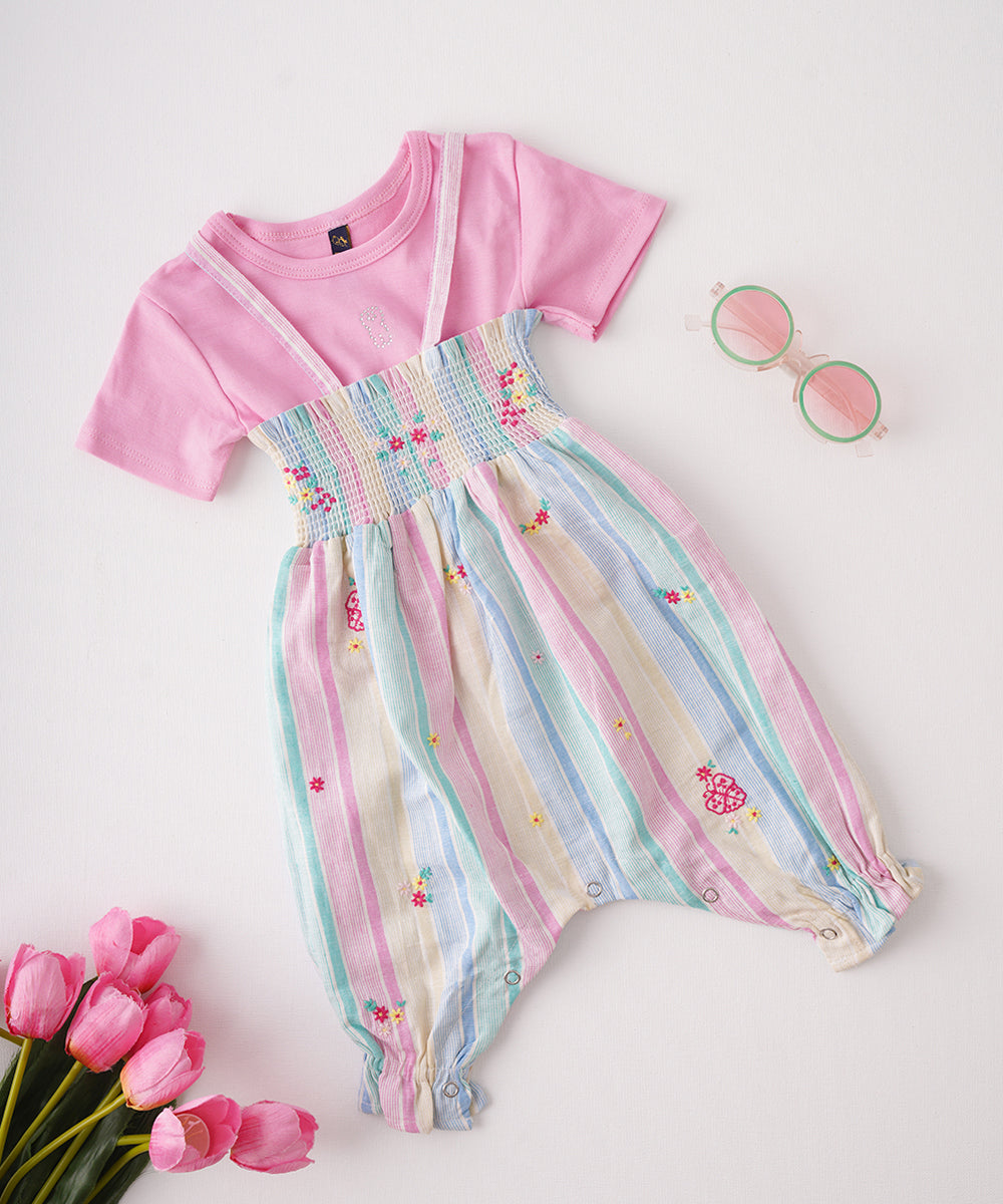 π Pink T-Shirt & Striped Dungaree Set π