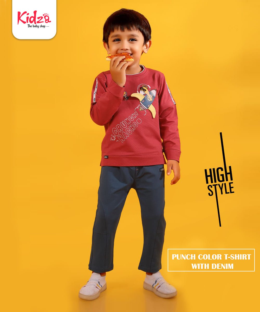 Stylish Punch Red T-Shirt & Denim Jeans Set for Boys