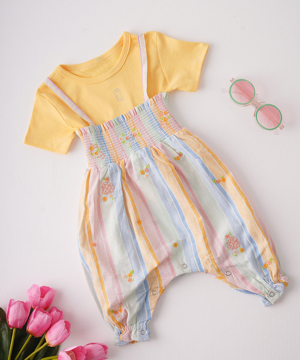 🌼 Yellow T-Shirt & Striped Romper Set – A Playful Outfit for Your Little One! 🌼