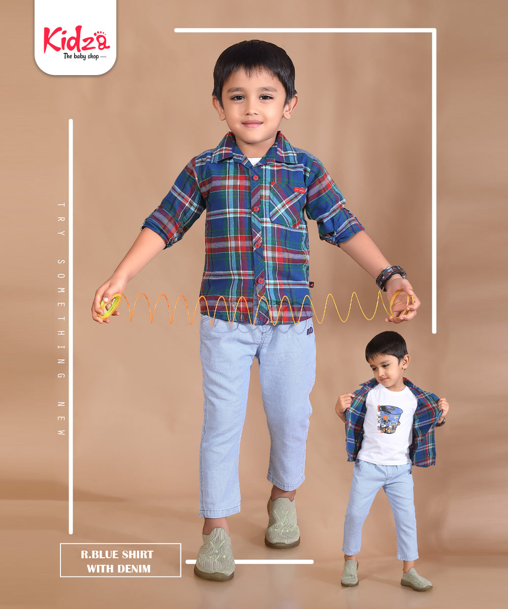 Trendy Royal Blue Plaid Shirt & Denim Set for Boys