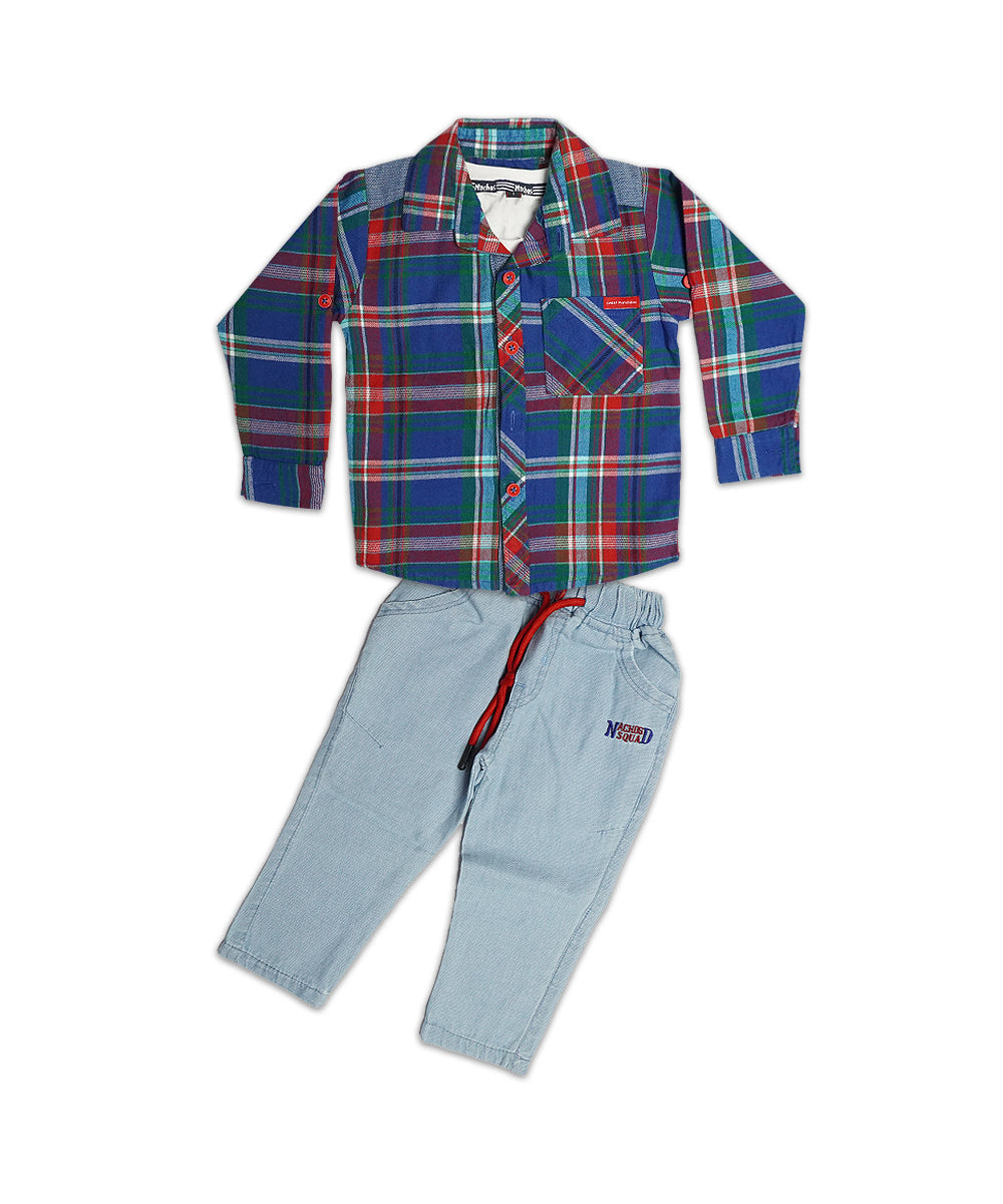 Trendy Royal Blue Plaid Shirt & Denim Set for Boys