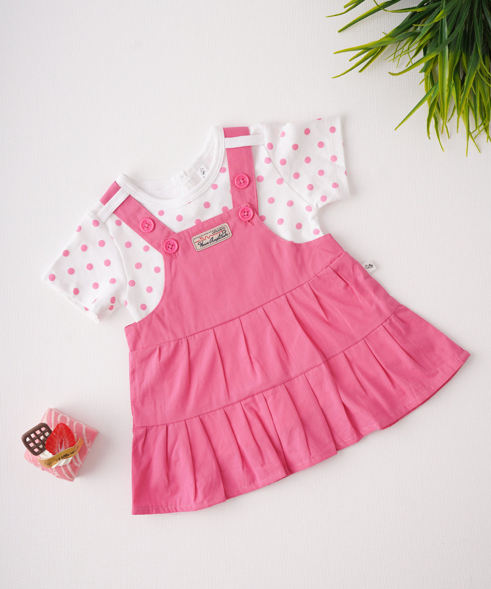 🌸 Pink Polka-Dot T-Shirt & Pink Dungaree Dress Set 🌸