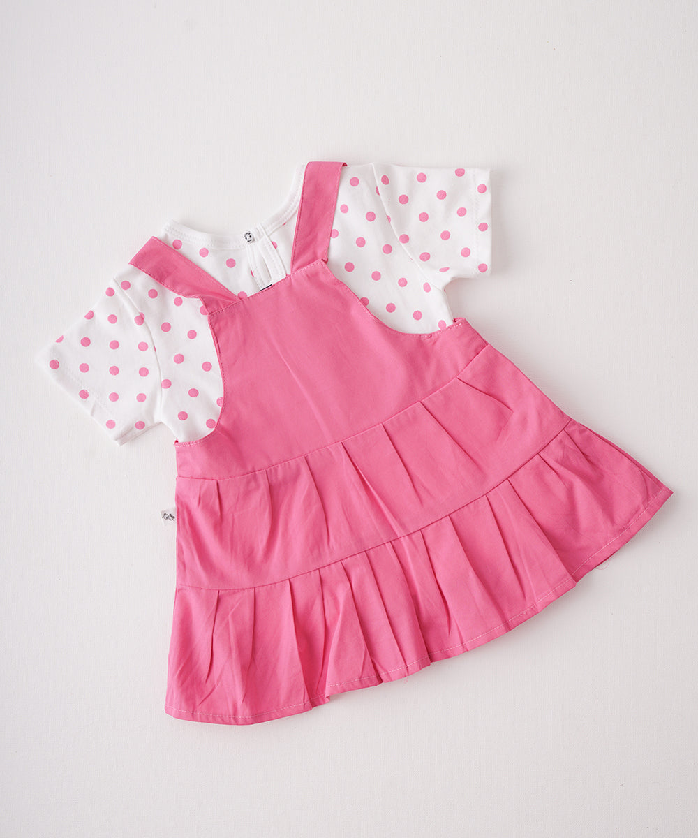 🌸 Pink Polka-Dot T-Shirt & Pink Dungaree Dress Set 🌸