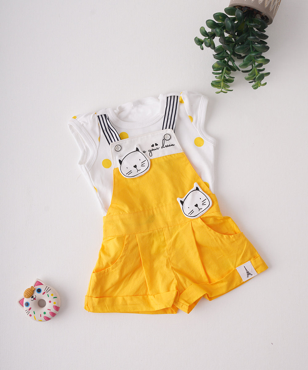 🐱 Yellow Cat Dungaree & Polka Dot T-Shirt Set 🐱