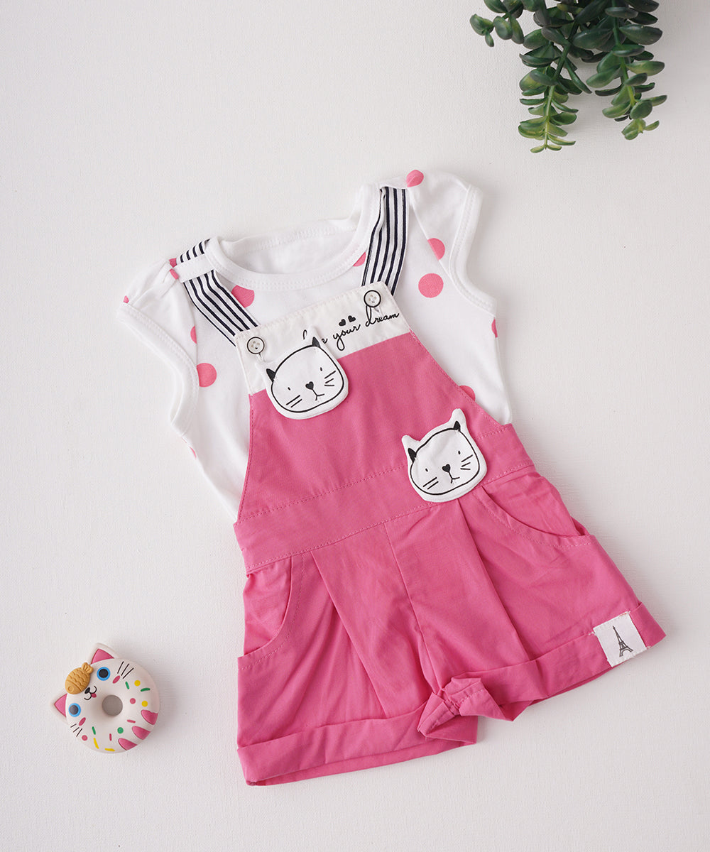 🎀 Pink Cat Dungaree & Polka Dot T-Shirt Set 🎀