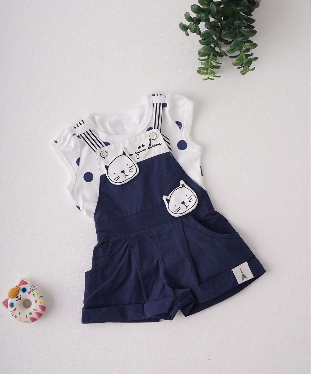 🐱 Navy Blue Cat Dungaree & Polka Dot T-Shirt Set 🐱