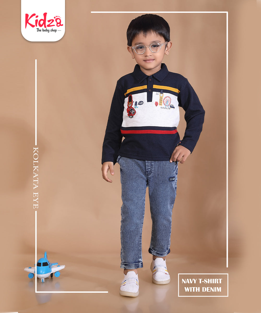Stylish Navy Polo T-Shirt & Denim Jeans Set for Boys