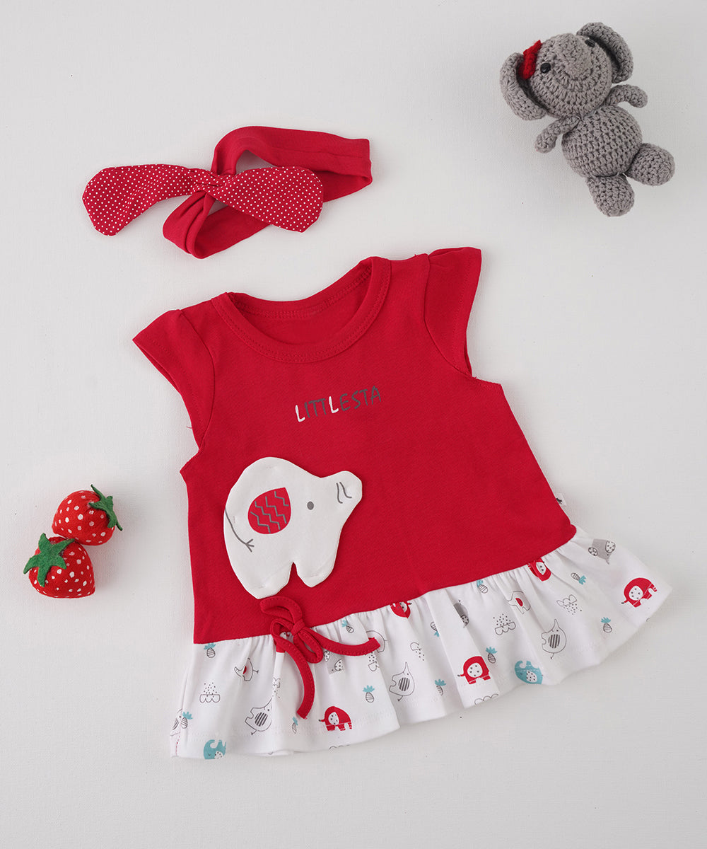 π Red Elephant-Themed Baby Dress with Headband π