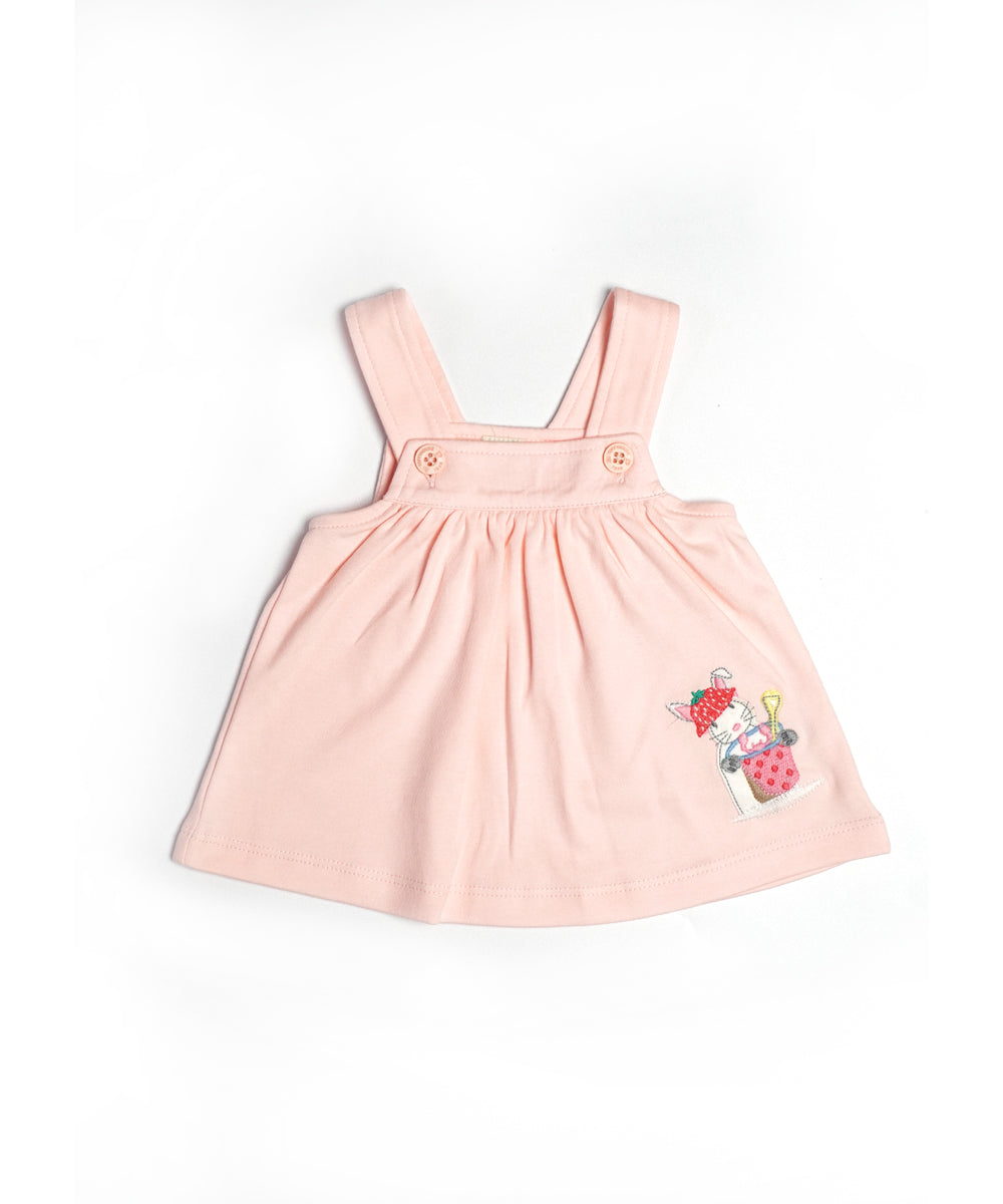 Charming Pink Pinafore Dress Set with Strawberry Bunny Design