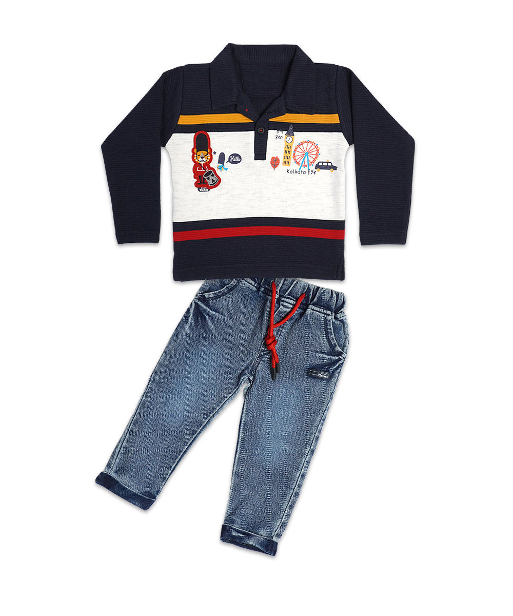 Stylish Navy Polo T-Shirt & Denim Jeans Set for Boys