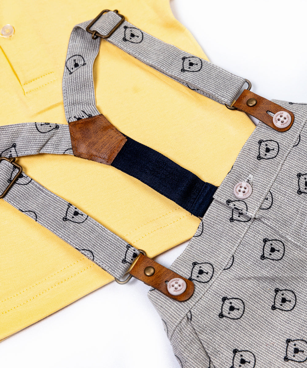 Yellow Polo Shirt and Printed Suspender Shorts Set for Baby Boys