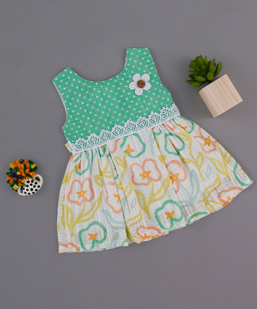 Green Polka & Floral Baby Frock with Lace and Flower Patch