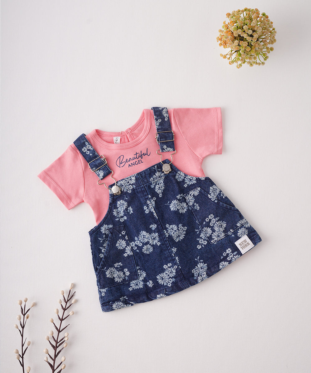 🌸 Pink T-Shirt & Floral Denim Dungaree Set 🌸