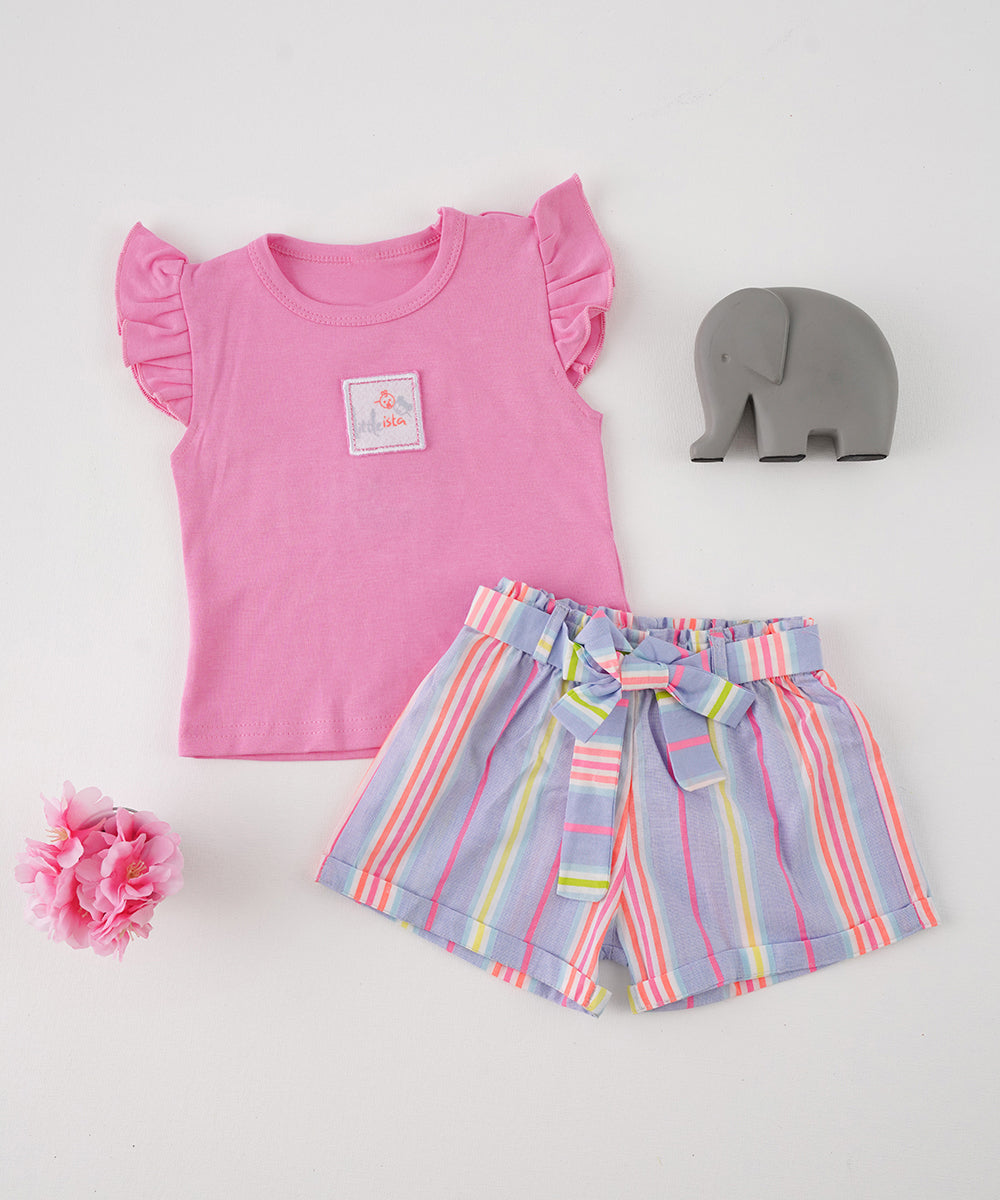 π Pink Ruffled T-Shirt & Striped Shorts Set π