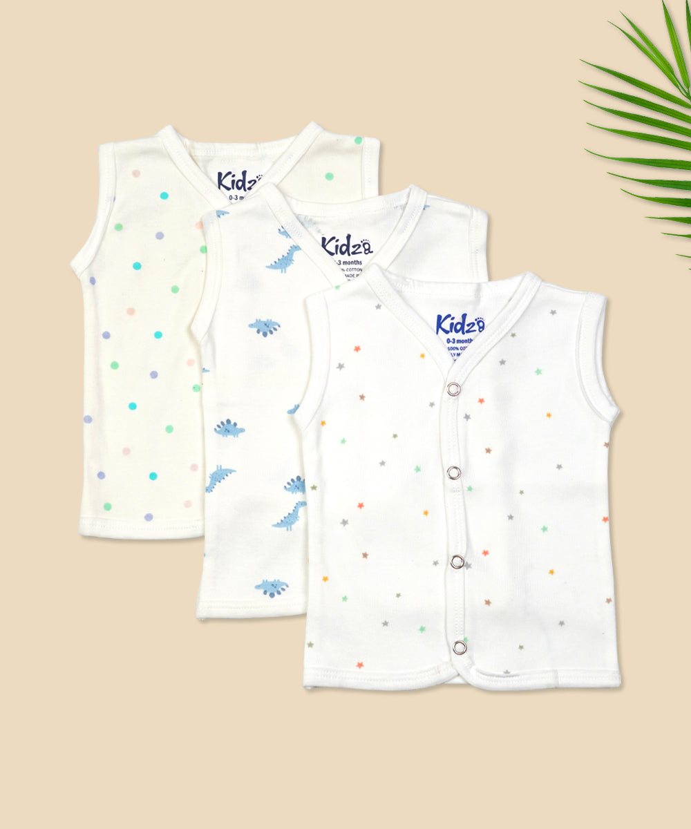 Sleeveless Jabla for Newborns - Pack of 3 (Polka Dot, Dino, and Star Prints)