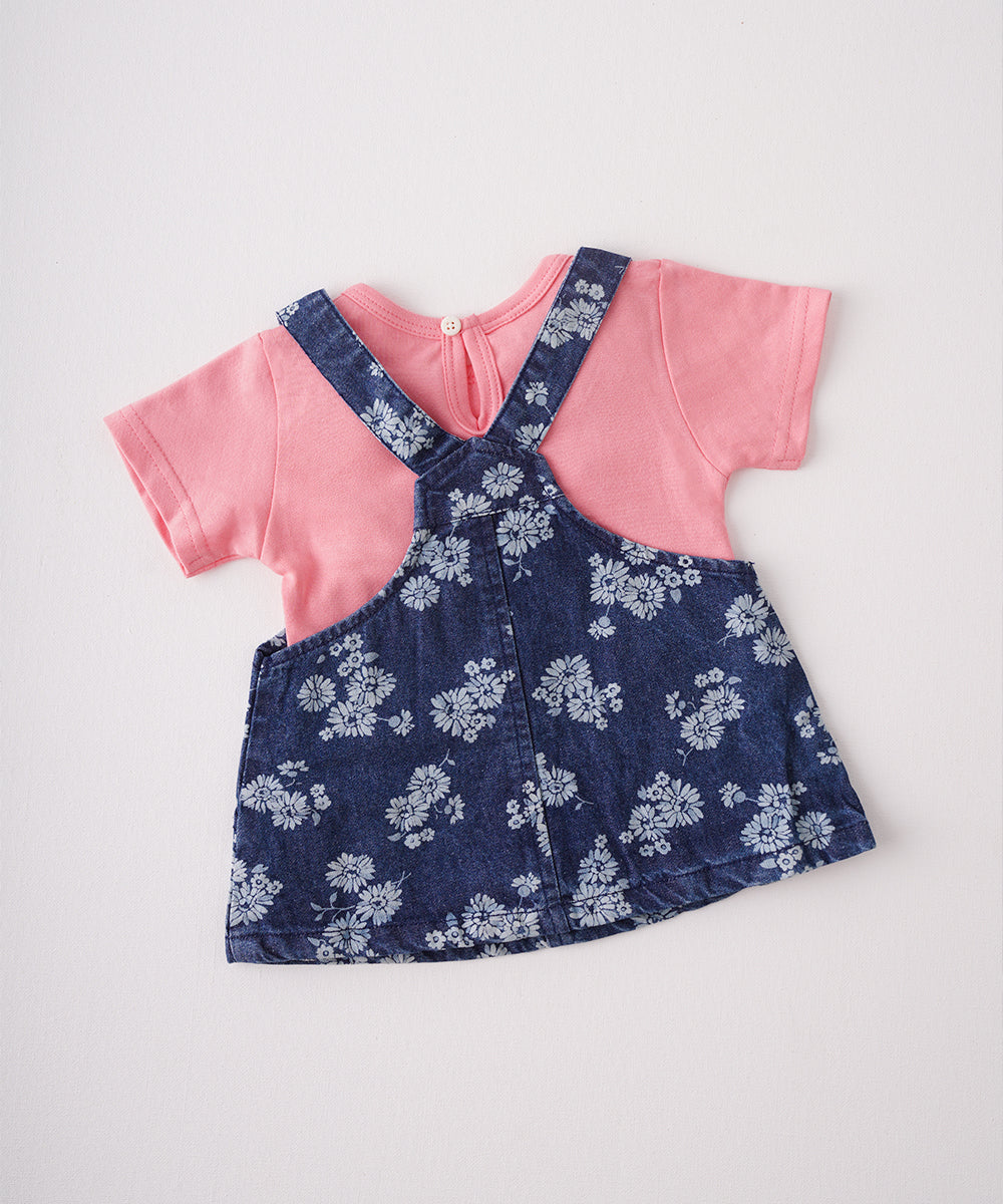 🌸 Pink T-Shirt & Floral Denim Dungaree Set 🌸