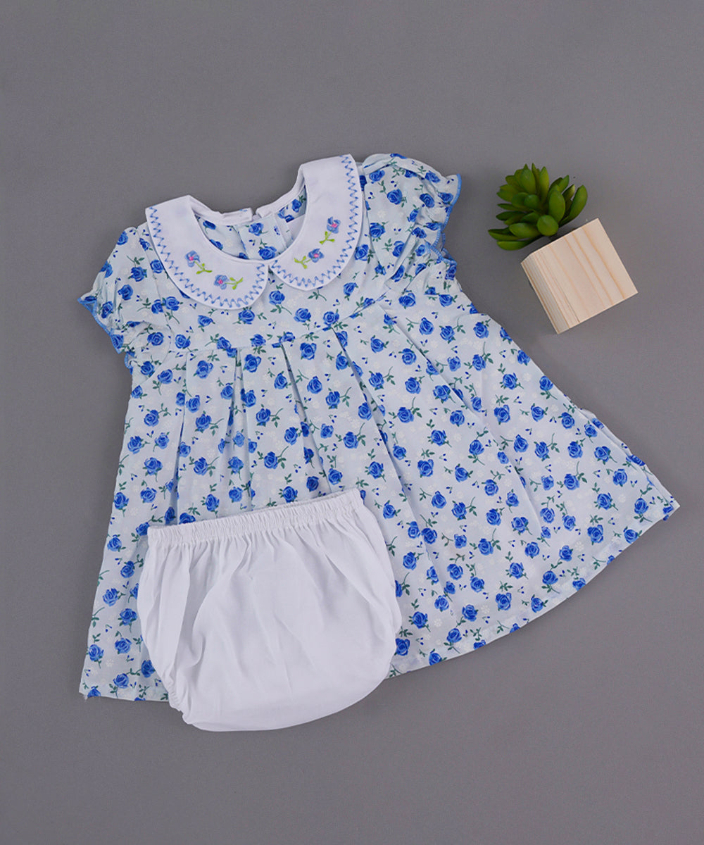 Blue Rose Print Cotton Frock with Embroidered Collar & Bloomer – Baby Girl Set