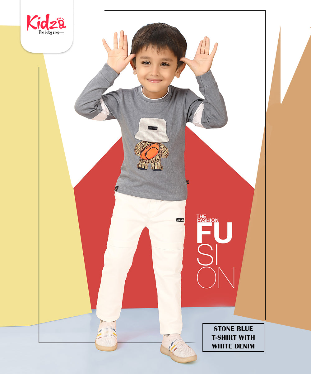 Trendy Stone Blue T-Shirt & White Denim Set for Boys