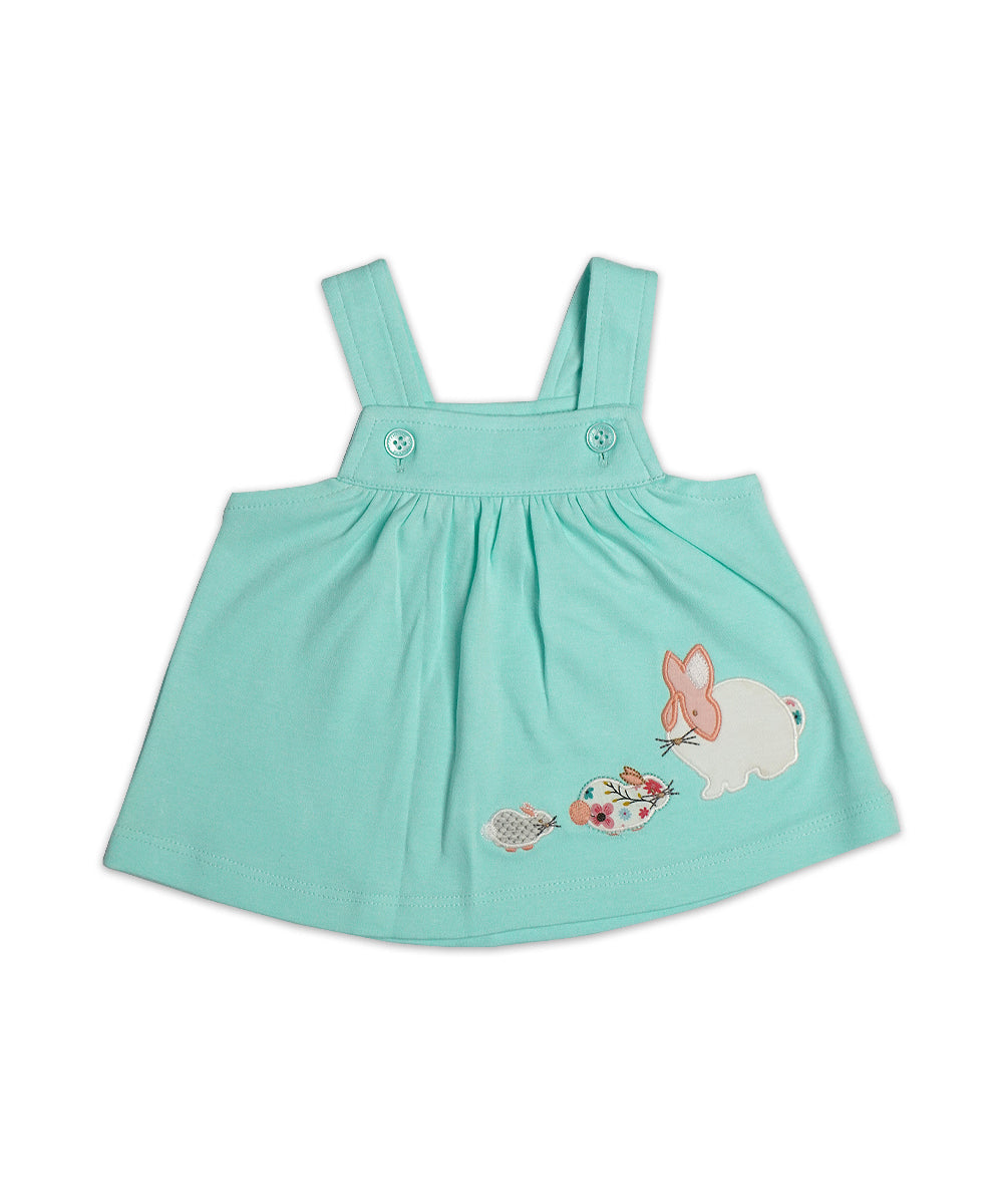 Adorable Aqua Pinafore Dress Set with Bunny Embroidery