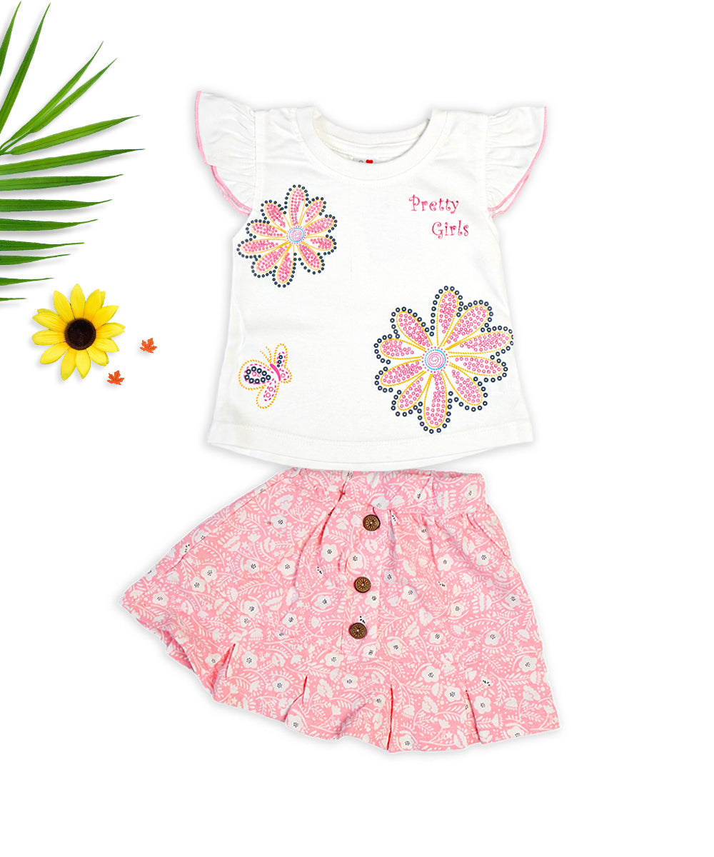 Pretty White Top & Pink Skirt Set with Floral Design