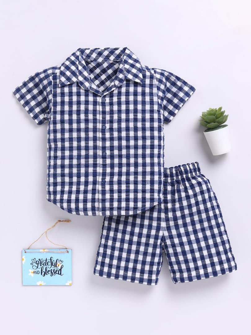 Navy Blue Checkered Cotton Co-ord Set for Boys ππ§΅