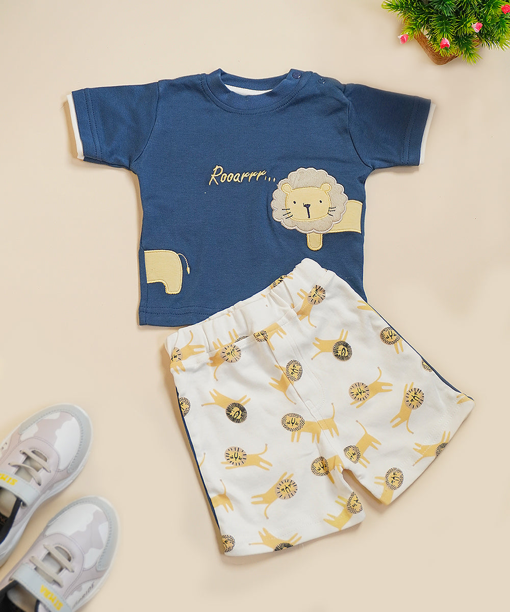 Roarrr Lion Navy Blue T-Shirt & Printed Shorts Set