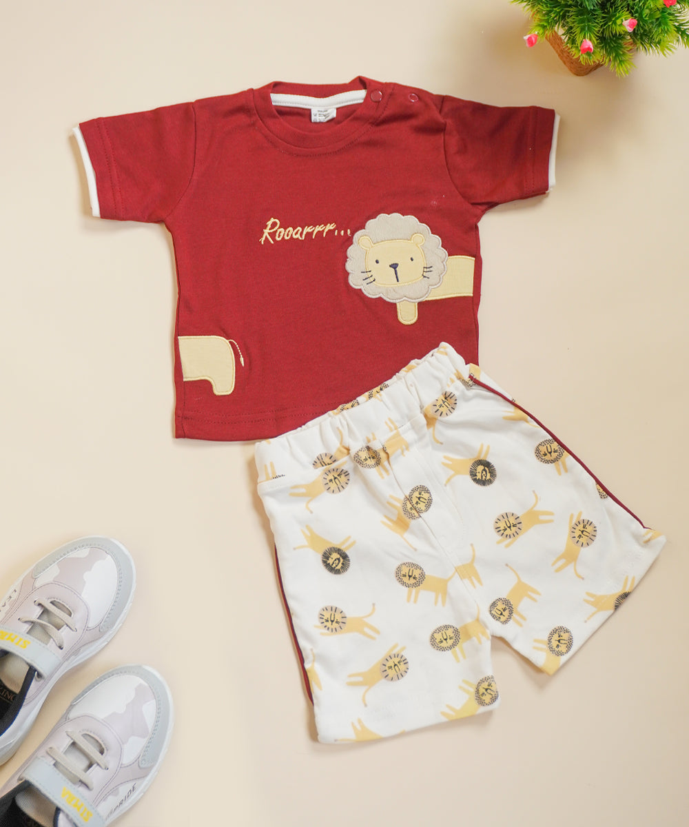 Roarrr Lion Tee & Shorts Set – Maroon & White