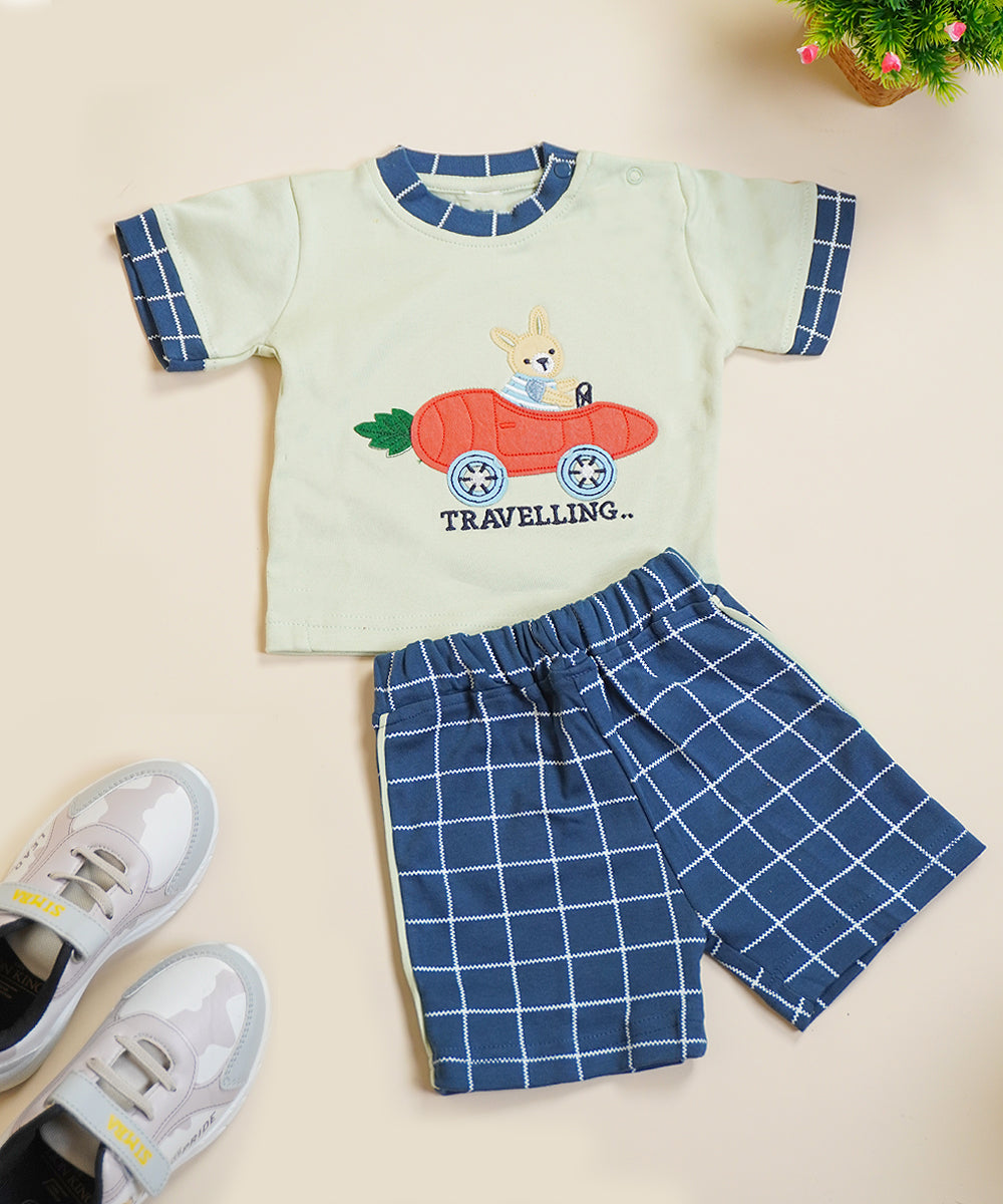 Travelling Bunny Tee & Checkered Shorts Set β Mint Green