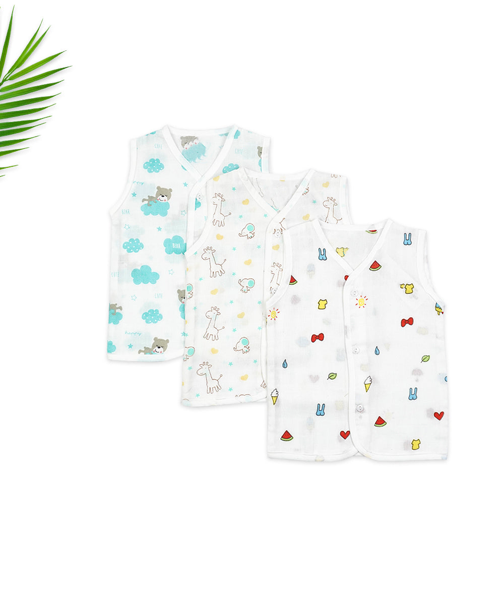 Muslin Sleeveless Jabla for Newborns - Pack of 3 (Animal, Cloud, and Fun Print Designs)