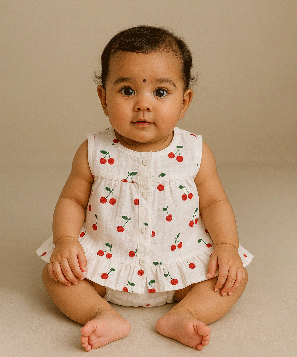 🍒 Pure Muslin Cherry Print Baby Frock