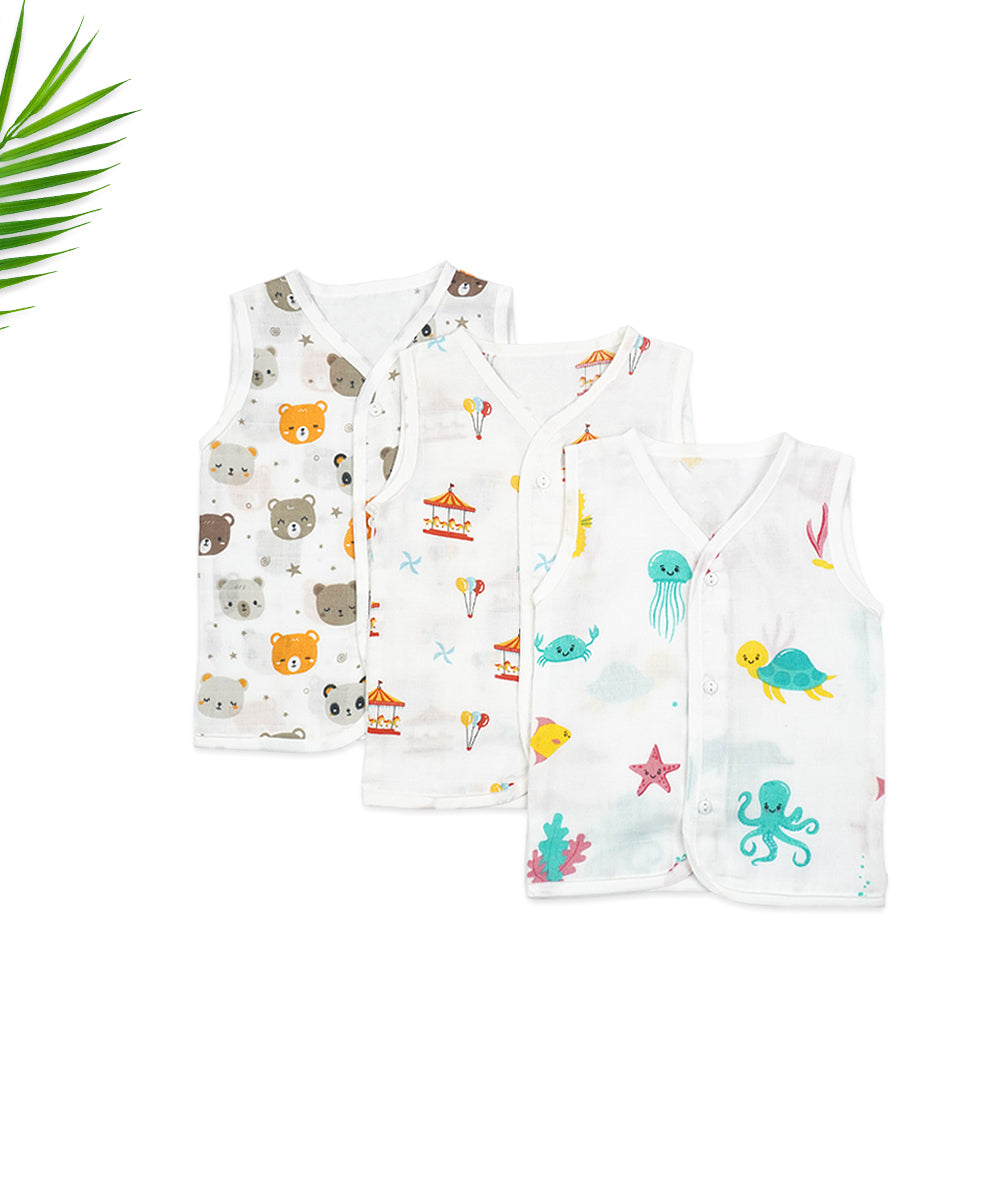 Muslin Sleeveless Jabla for Newborns - Pack of 3 (Animal, Carnival, and Underwater Prints)
