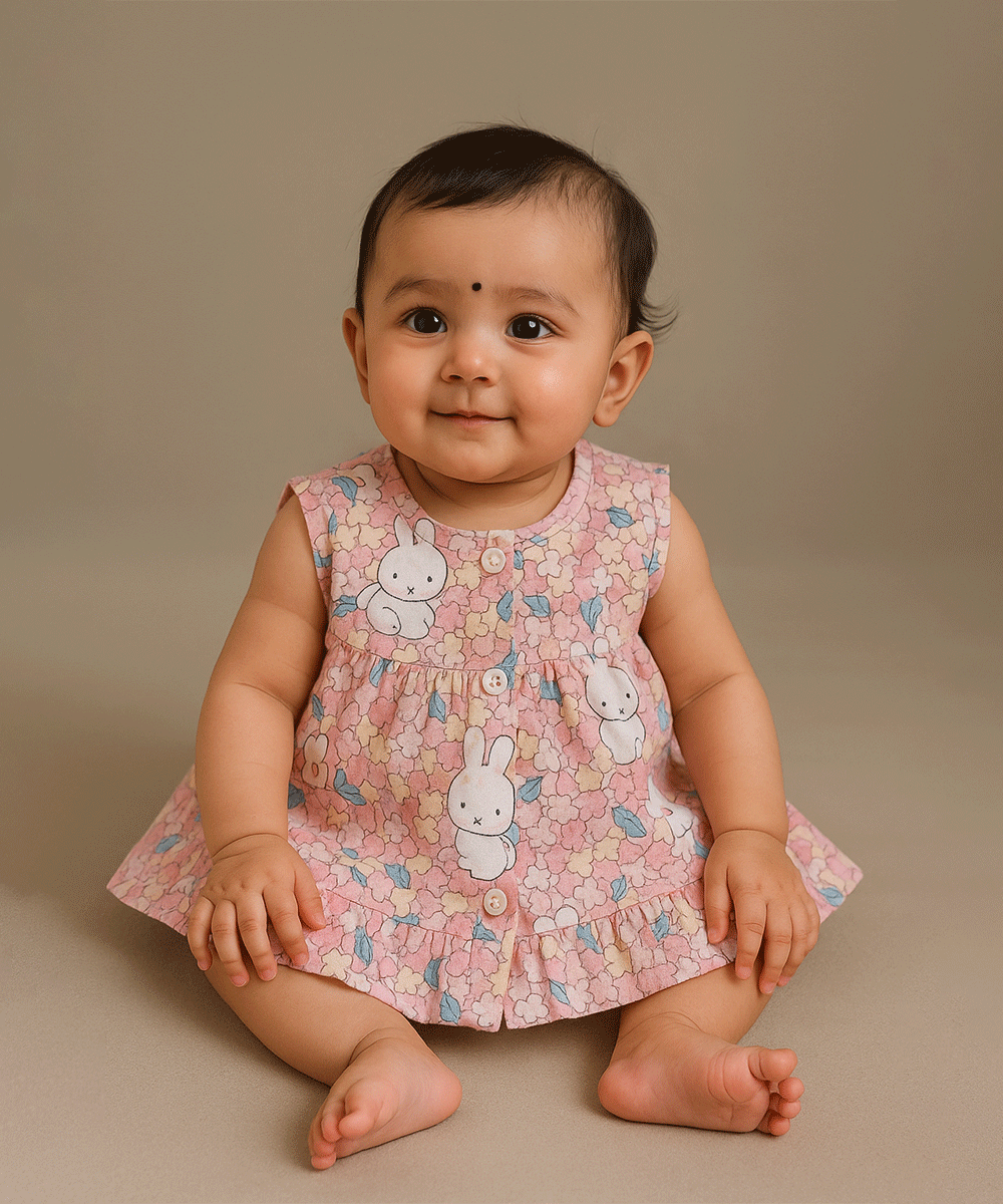 🌸 Floral Bunny Pure Muslin Baby Frock