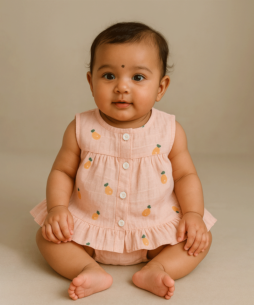🍑 Peach Fruit Print Muslin Baby Frock