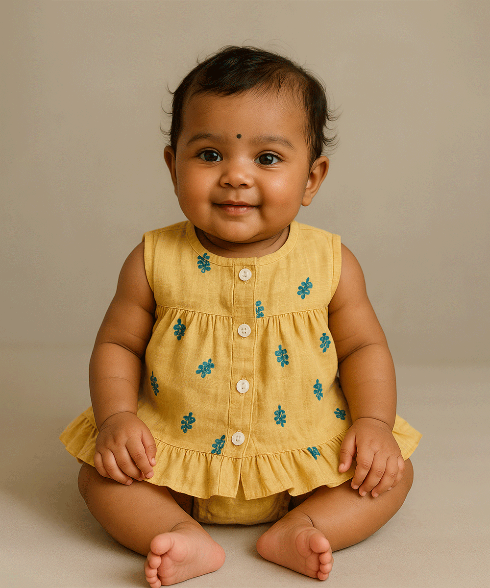 🌼 Yellow Floral Muslin Baby Frock
