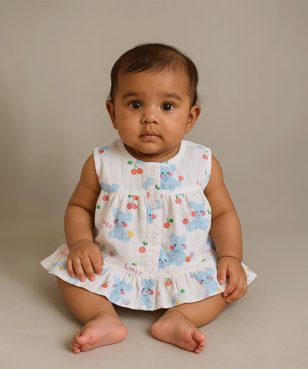🧸 Cherry Teddy Pure Muslin Baby Frock