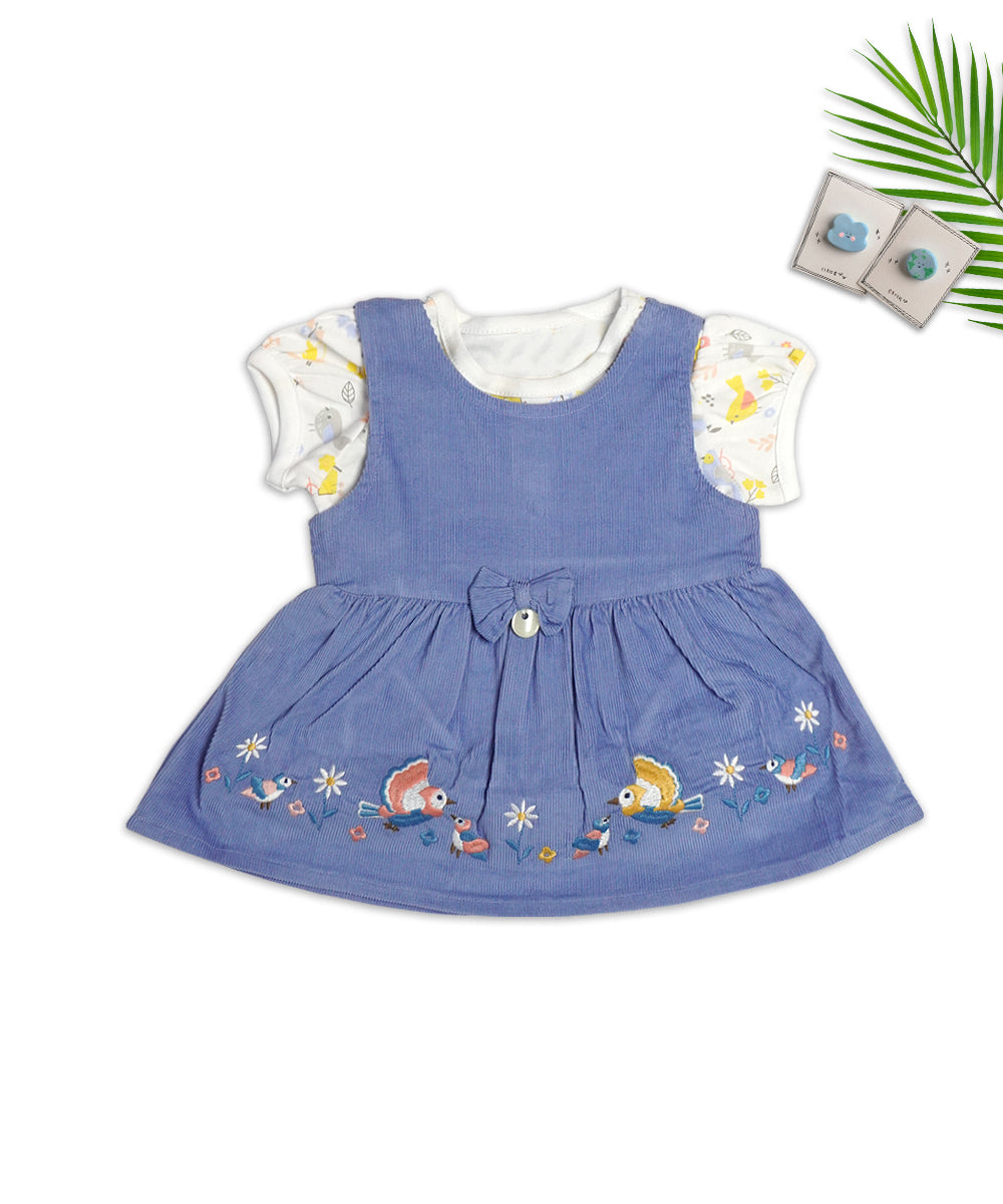 Charming Blue Pinafore Dress Set with Bird Embroidery