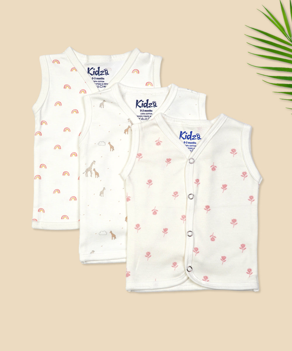 Sleeveless Jabla for Newborns - Pack of 3 (Rainbow, Giraffe, and Floral Prints)